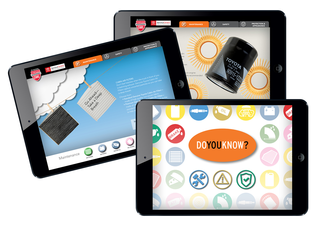 Our philosophy is to create engaging content no matter what the delivery platform. We gave Toyota Parts and Service Maintenance content a fun twist with catchy headlines and creative photography. This was packaged in an interactive PDF so that users could view content easily on a computer or tablet.